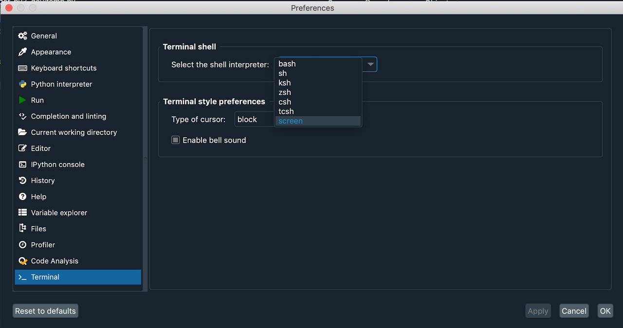 UNIX shell options for starting the terminal