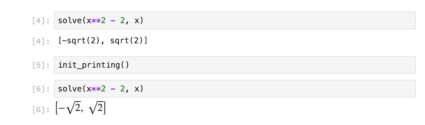 Code snippet in an interactive Jupyter session showing the usage of init_printing for list objects in version 1.4.